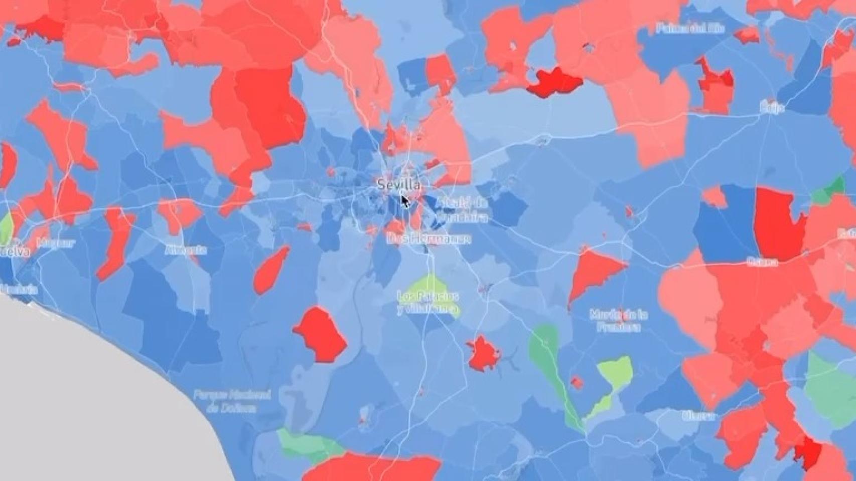 Mapa de los resultados electorales en Sevilla. 