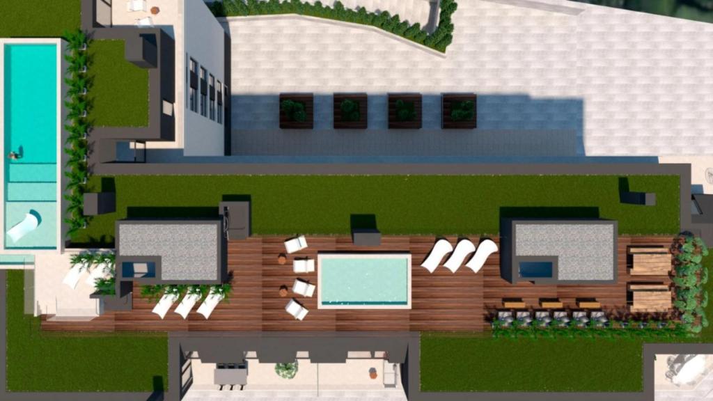 Infografía de la piscinas comunitarias y área de recreo de Residencial Zielo