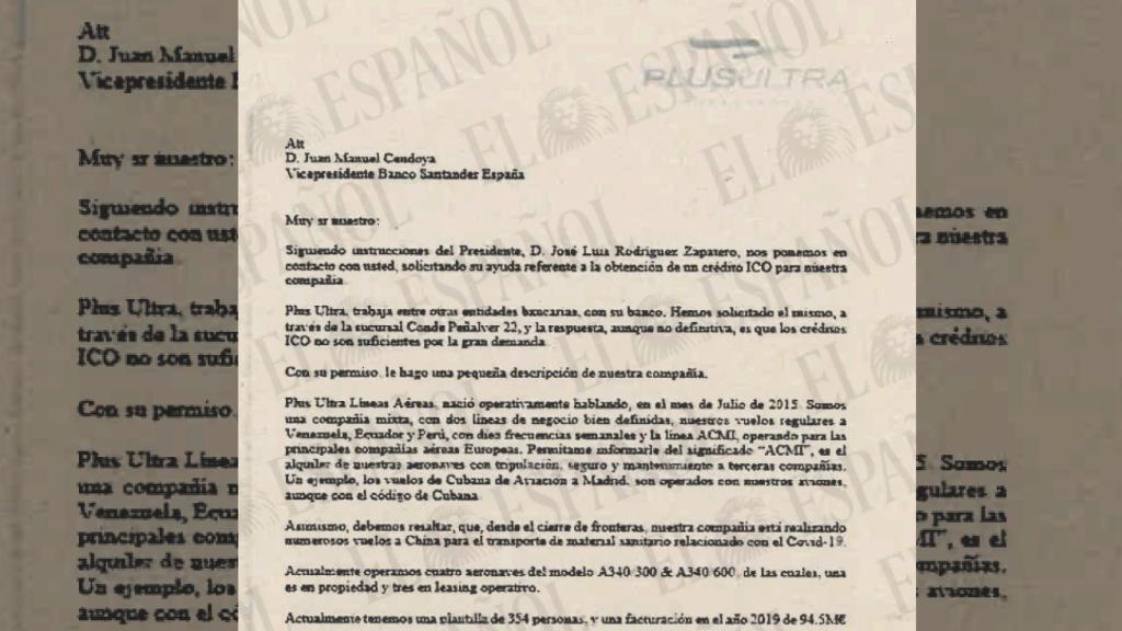 La carta del CEO de Plus Ultra, Roberto Roselli, al vicepresidente del Banco Santander.