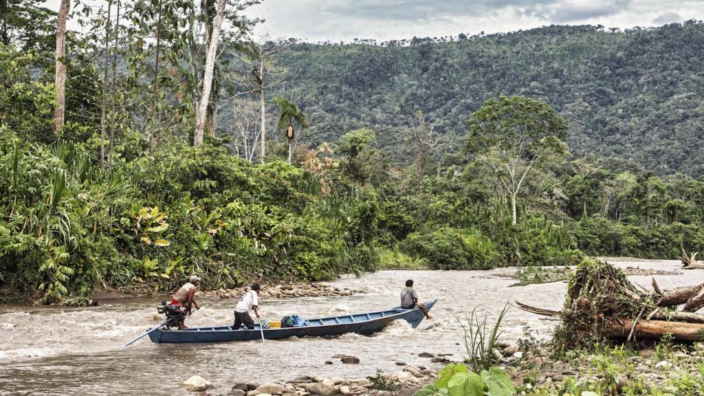 Una embarcación llamada peque-peque remonta el río  Palotoa Teparo (afluente del Madre de Dios).