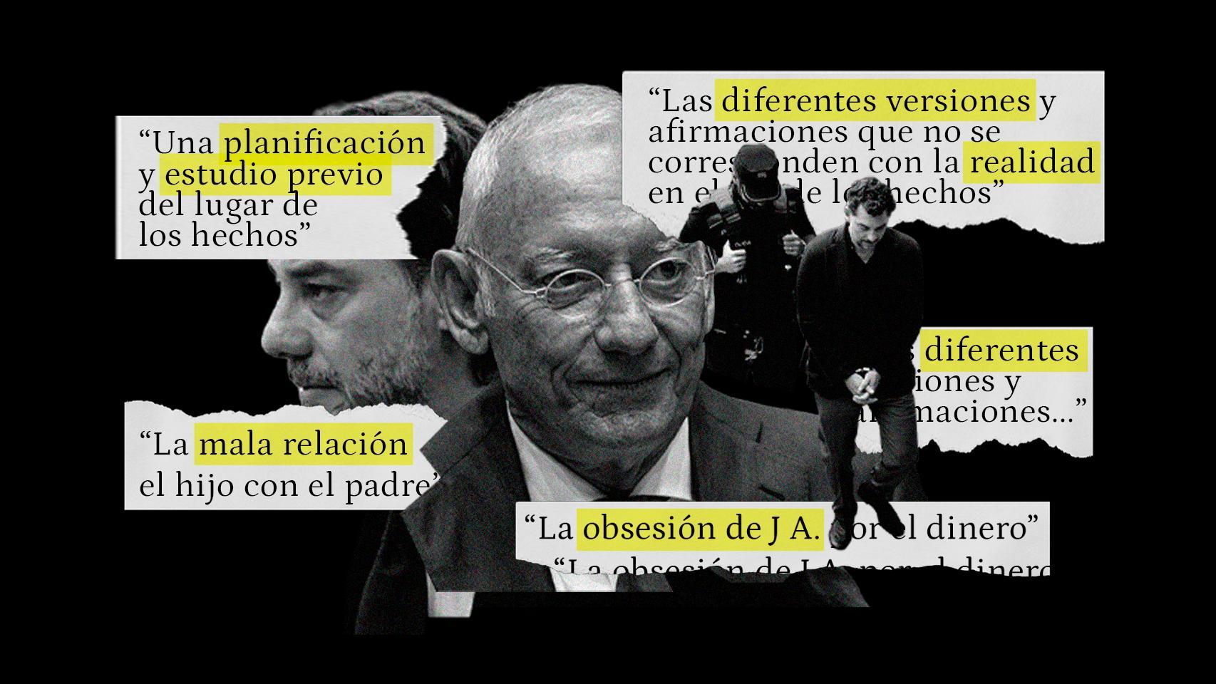 Jonathan e Isak Andic, padre e hijo, junto a fragmentos del auto judicial que ve indicios racionales de homicidio en la muerte del fundador de Mango.