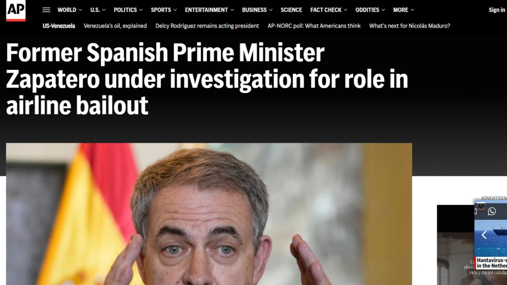 La agencia AP informa de la imputación del expresidente Zapatero por delitos de corrupción.