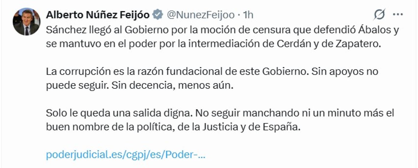 Feijóo pide la dimisión de Sánchez tras la imputación de Zapatero por delitos de corrupción.