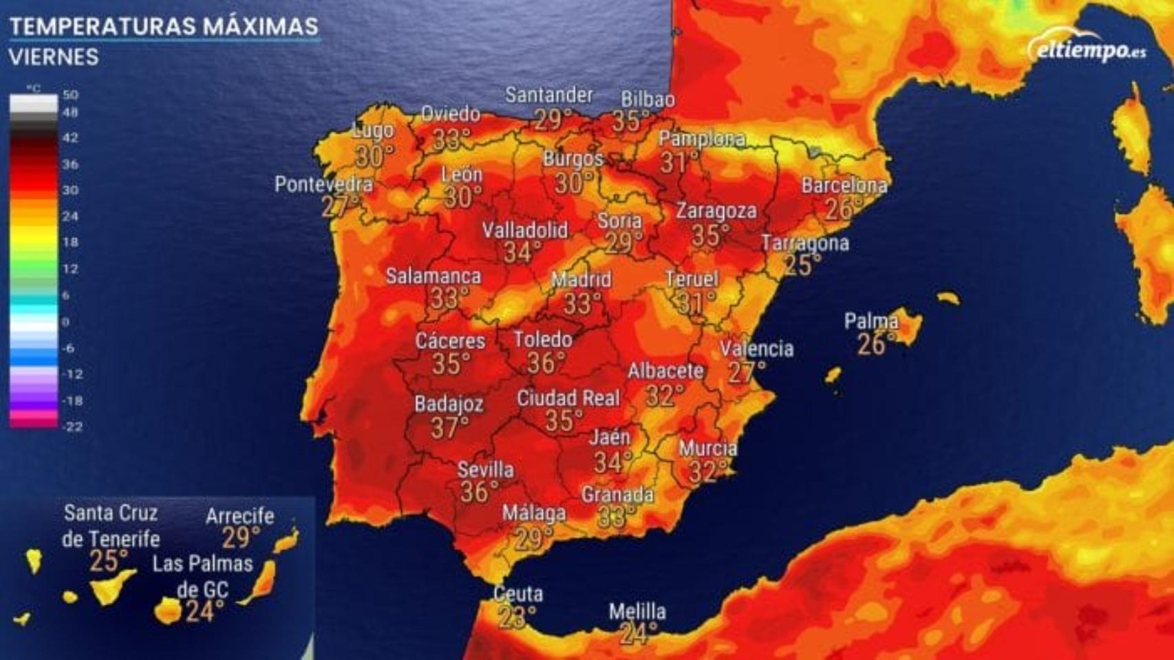 Temperaturas máximas previstas para el viernes