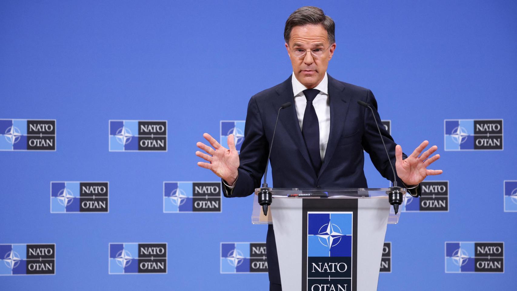 El secretario general de la OTAN, Mark Rutte, durante su rueda de prensa de este miércoles en Bruselas