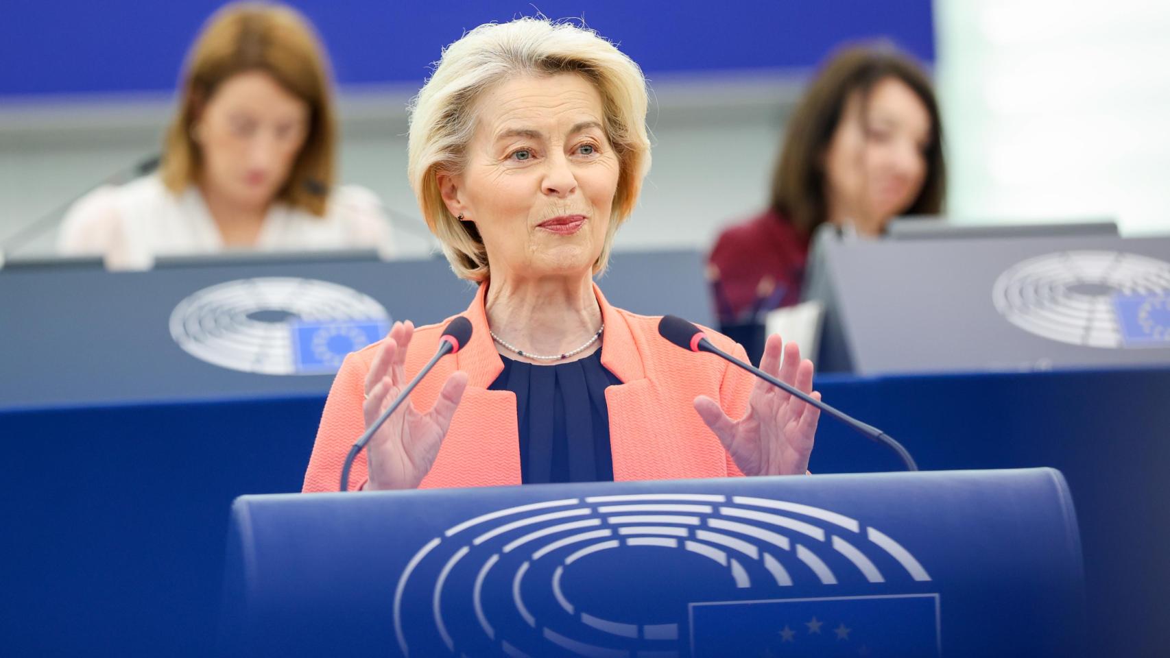 La presidenta de la Comisión, Ursula von der Leyen, durante su intervención ante la Eurocámara este miércoles en Estrasburgo