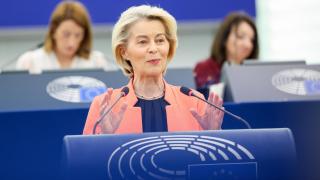 La presidenta de la Comisión, Ursula von der Leyen, durante su intervención ante la Eurocámara este miércoles en Estrasburgo