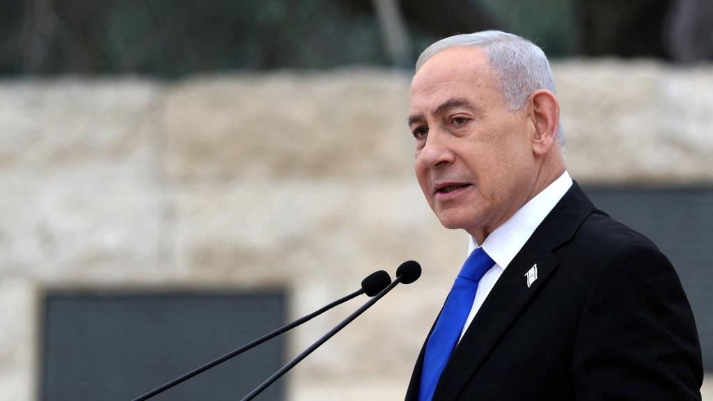 El primer ministro israelí, Benjamín Netanyahu, en el acto de conmemoración de los soldados israelíes caídos.