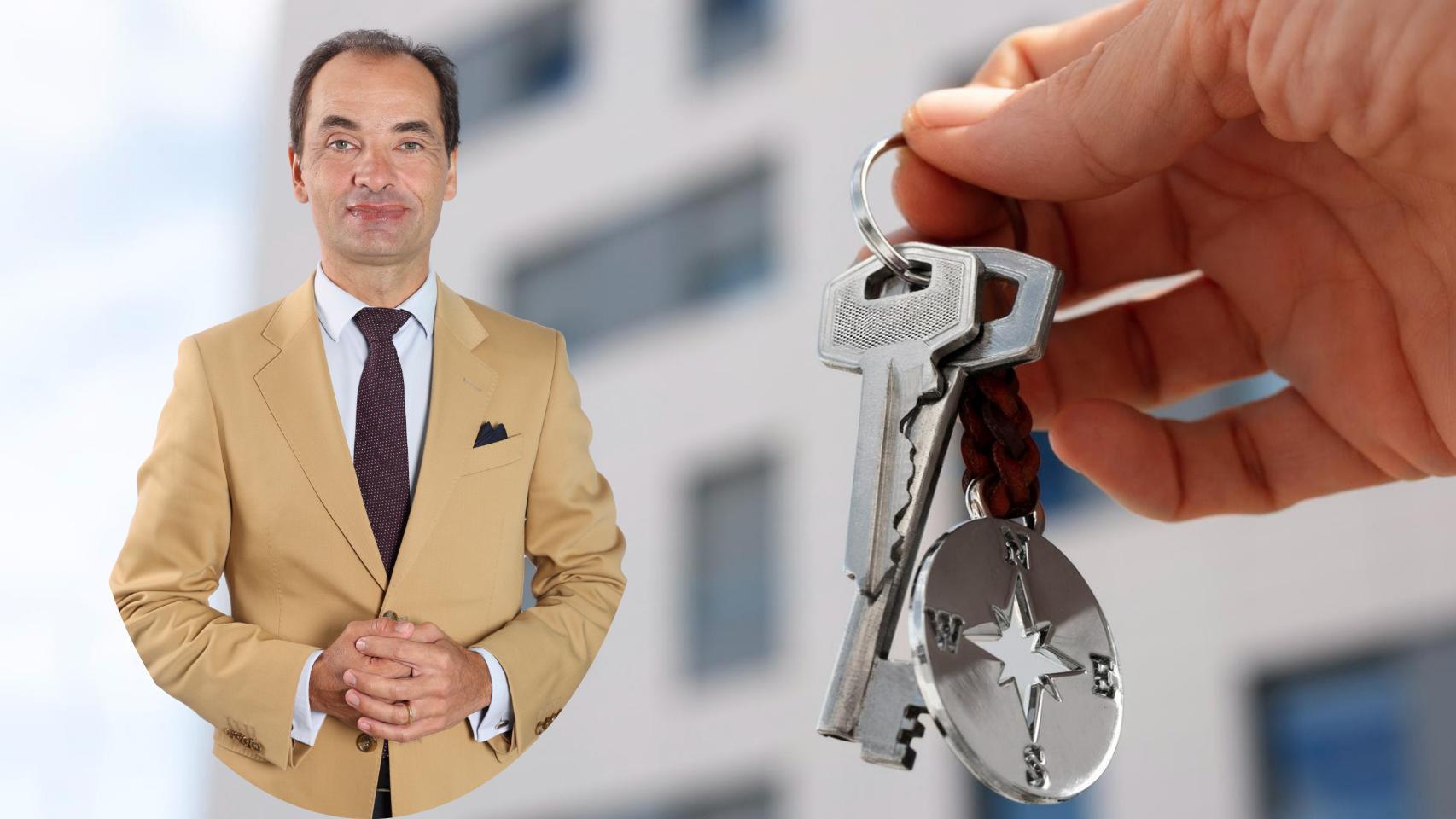 Montaje de Ricardo Sousa con la entrega de llaves de un piso.