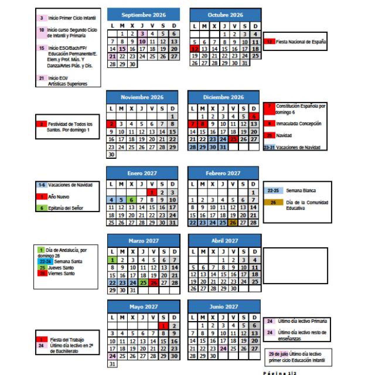 Calendario Escolar Málaga 2026-2027 aprobado por la Junta de Andalucía.