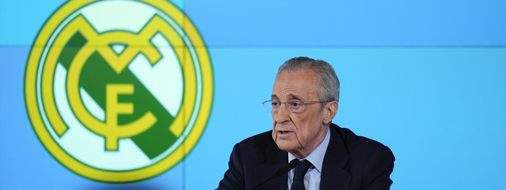 Florentino Pérez atiende a los medios en rueda de prensa.
