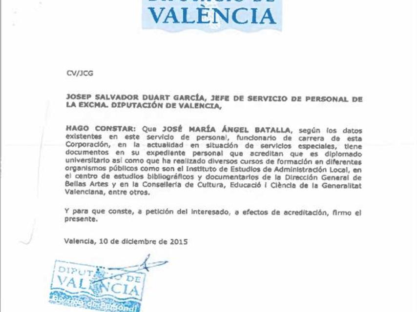 Certificado de la Diputación de Valencia. EE