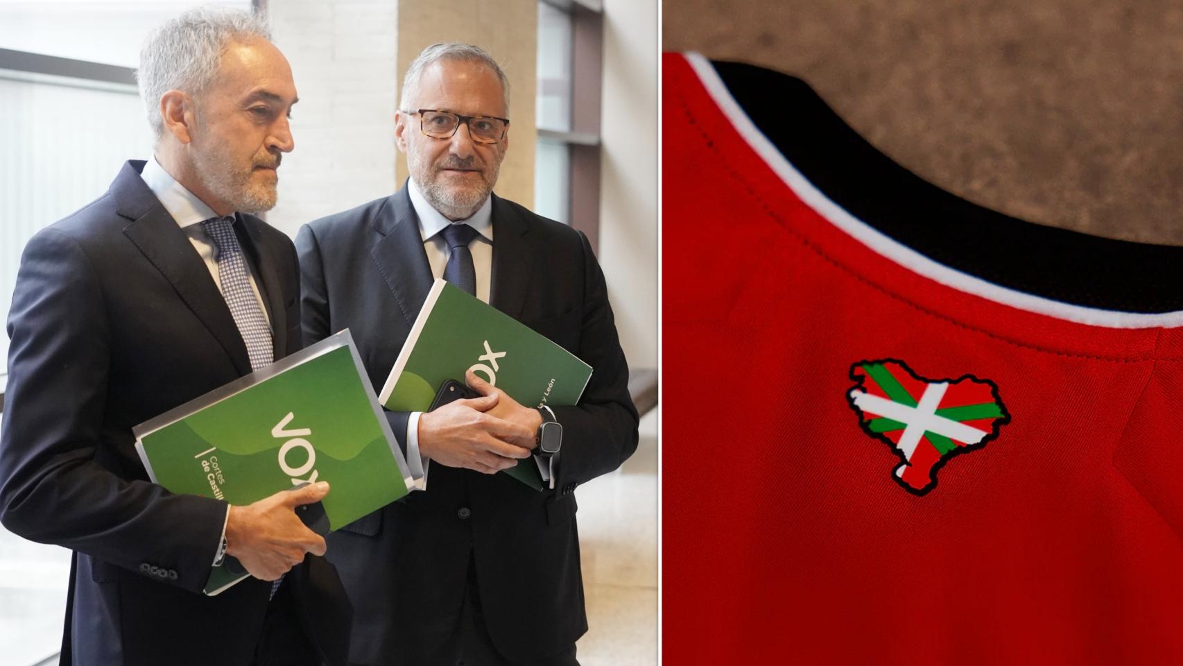 El viceportavoz de Vox en las Cortes, Alberto Díaz Pico, y el portavoz, Carlos Pollán, junto a la nueva camiseta del Athletic Club de Bilbao, en un montaje de EL ESPAÑOL