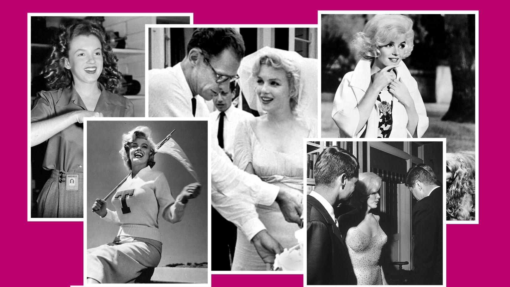Marilyn Monroe en distintos momentos de su vida. En la fotografía del centro aparece junto a Arthur Miller en el día de su boda y en la de abajo a la derecha, junto a los hermanos Kennedy. 