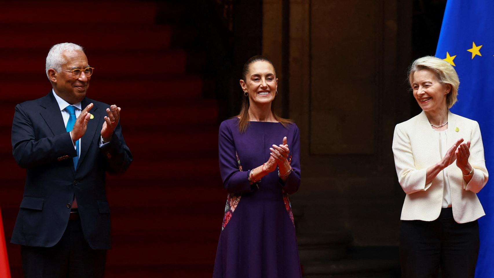 António Costa, Claudia Sheinbaum y Ursula von der Leyen, durante la cumbre de este viernes en Ciudad de México