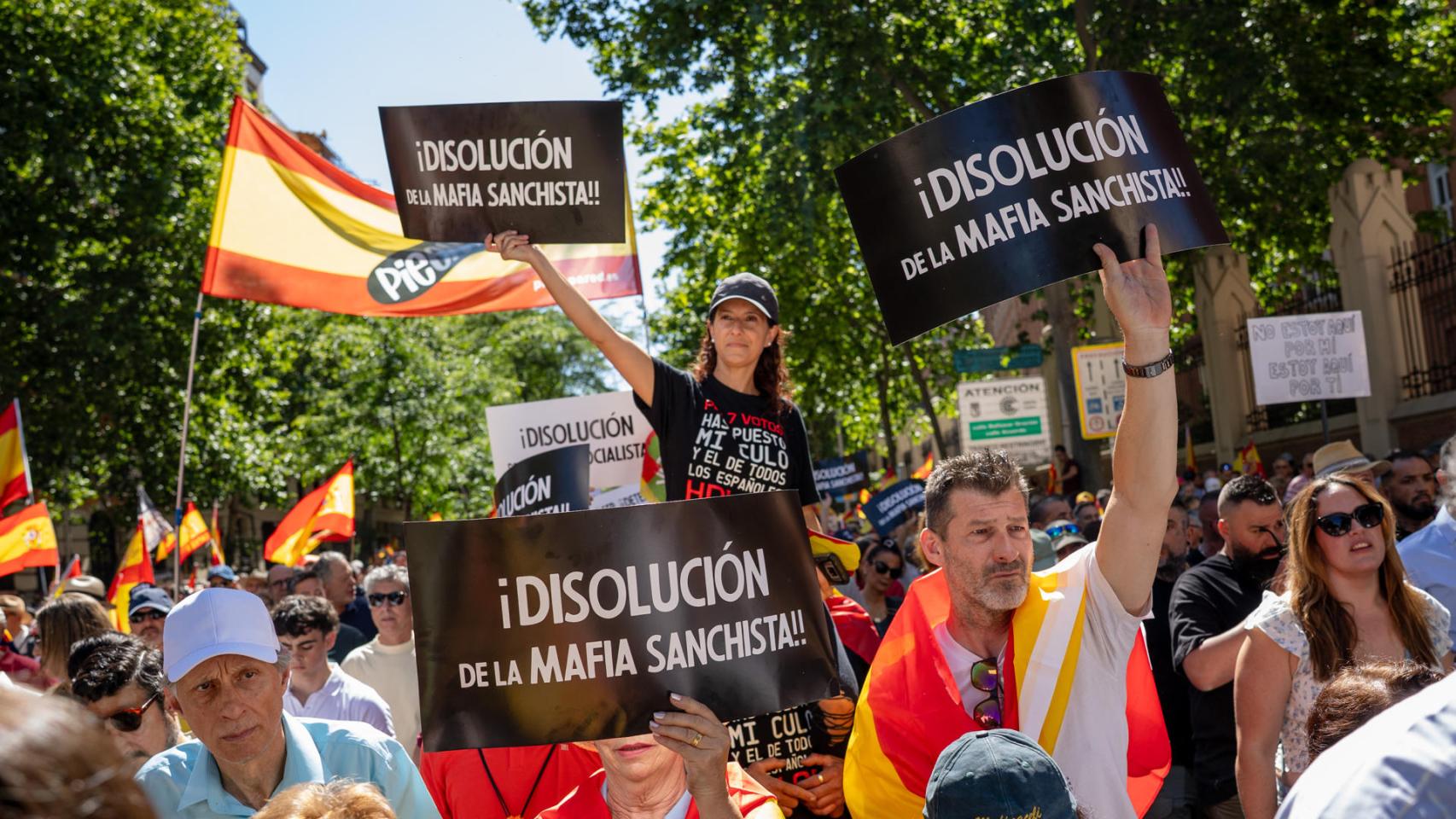 Varias personas participan en la marcha por la dignidad para pedir la dimisión del presidente del Gobierno, Pedro Sánchez convocada por la plataforma Sociedad Civil Española este sábado en Madrid. 