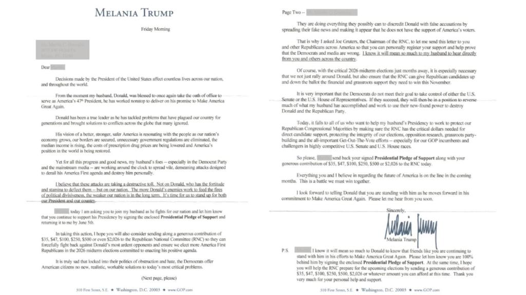 Melania Trump ha enviado una carta a los seguidores del Partido Republicano pidiendo apoyo y fondos económicos para su marido.