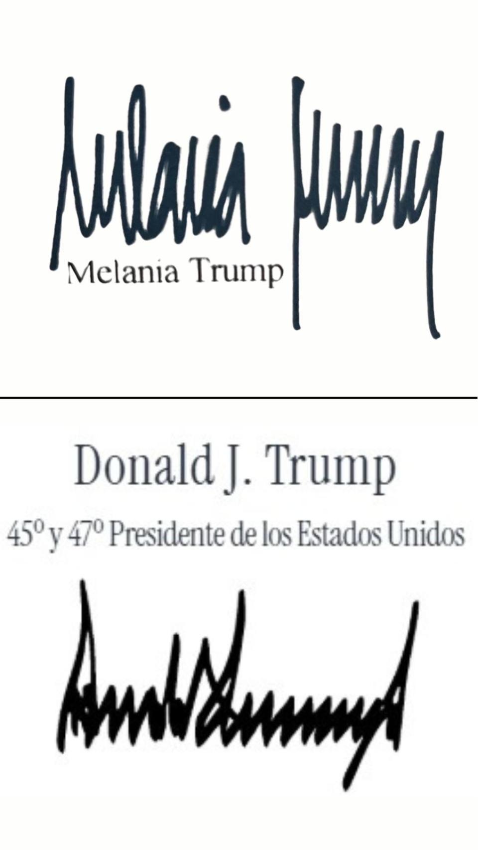 Firmas de Melania (en la foto de arriba) y Donald Trump.