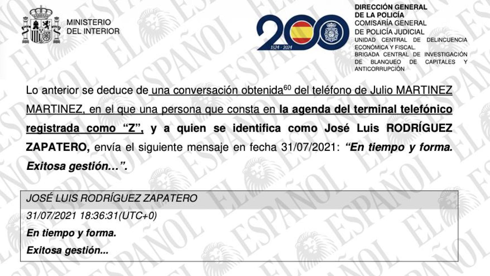 Mensaje de José Luis Rodríguez Zapatero recuperado por la UDEF