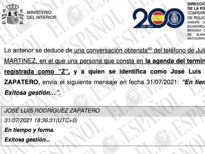 Mensaje de José Luis Rodríguez Zapatero recuperado por la UDEF