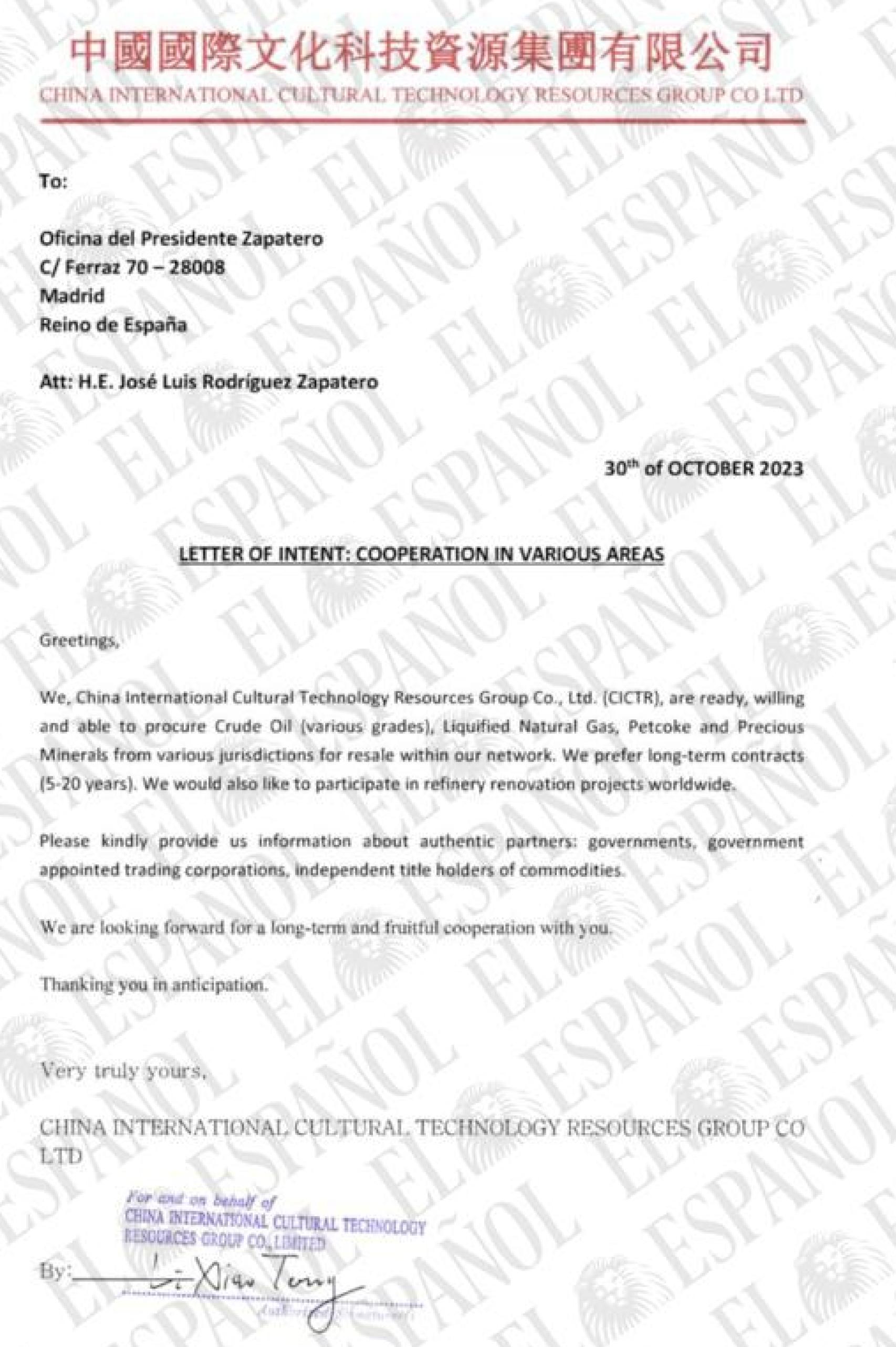 Carta de China International Cultural Technology Resources Group Co. Ltd. para Zapatero