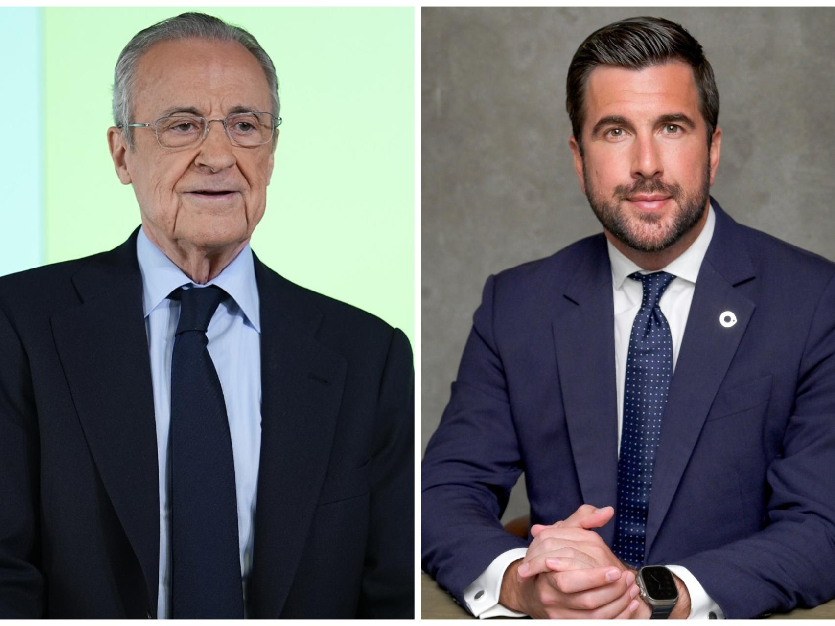 Florentino Pérez, a la izquierda de la imagen; Enrique Riquelme, a la derecha.