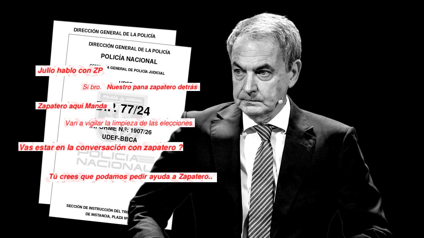 José Luis Rodríguez Zapatero, junto a algunos de los mensajes recogidos por la UDEF en los que es citado.