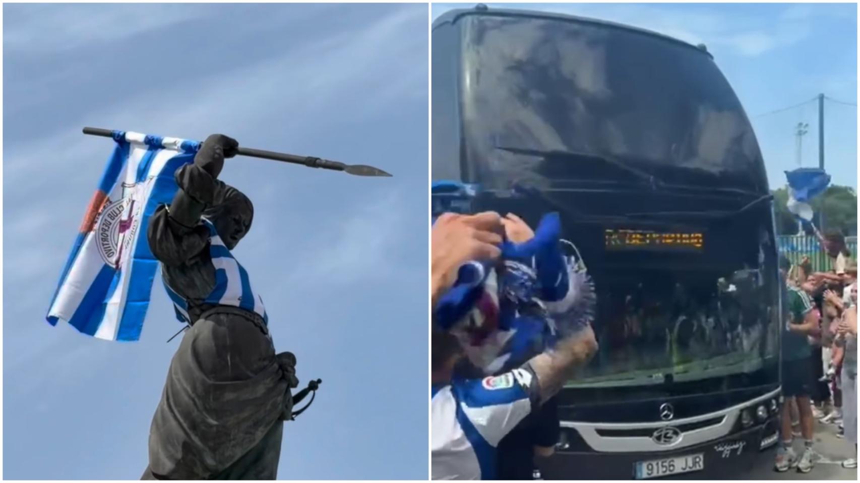 Diferentes momentos de esta semana: María Pita armada con la bandera del Deportivo y la despedida del bus hacia Valladolid