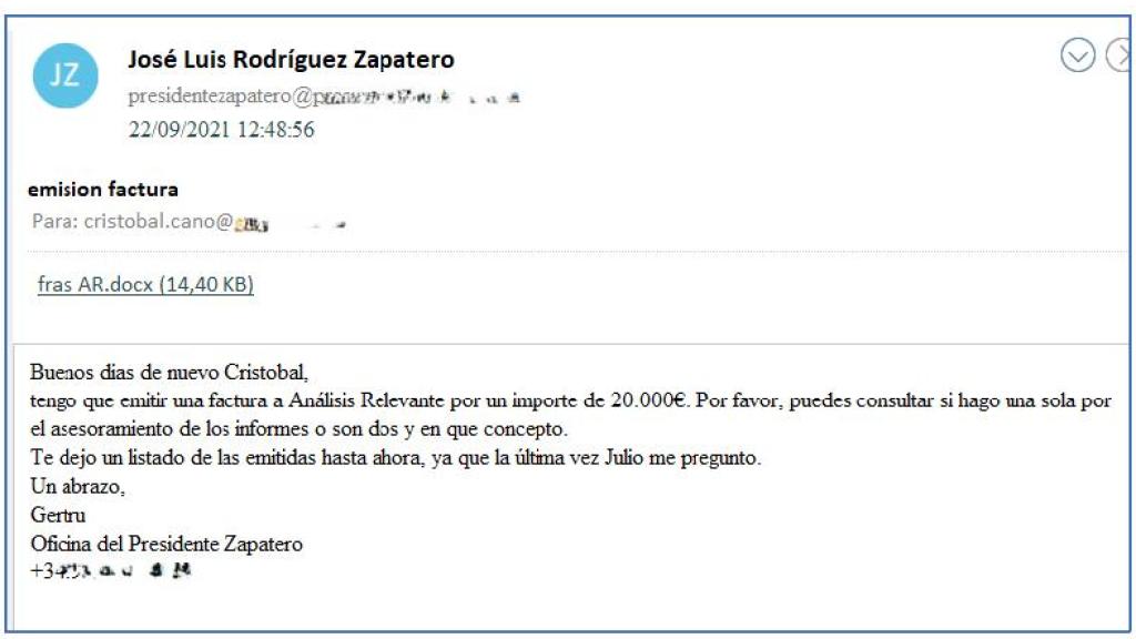 Correo de la secretaria de Zapatero al empleado de Julio Martínez.