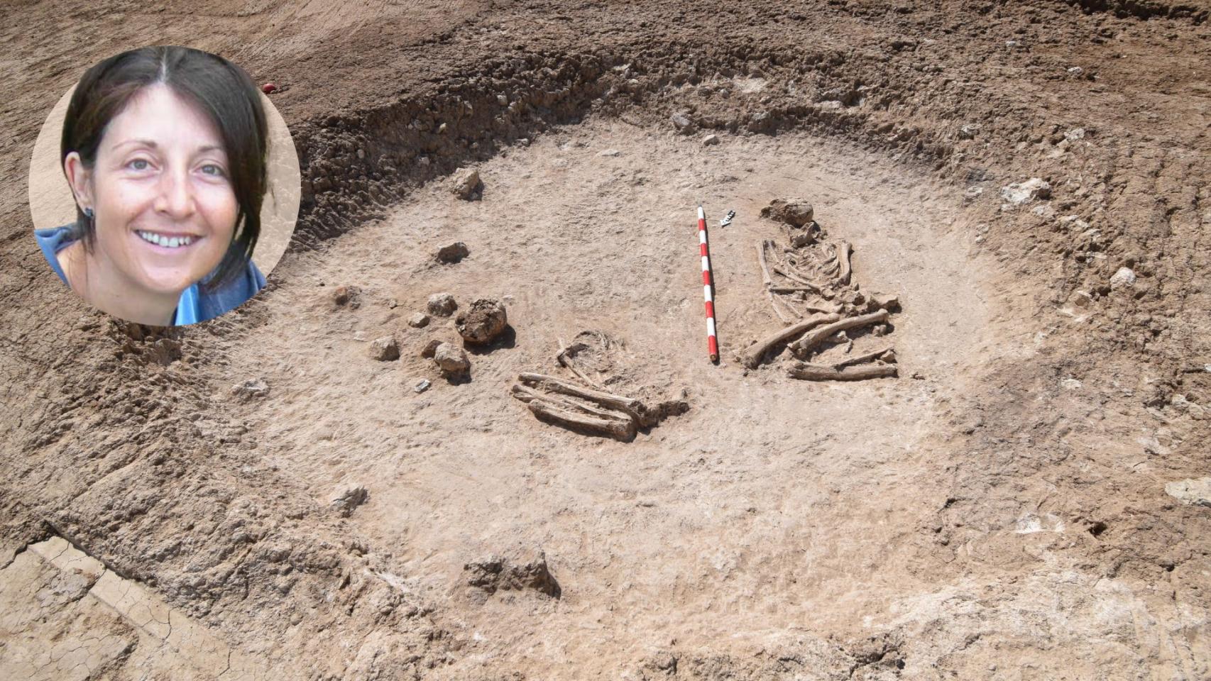 Yacimiento de Valdelasilla (Illescas) junto con una imagen de la arqueóloga principal de la excavación, Rosa Barroso.