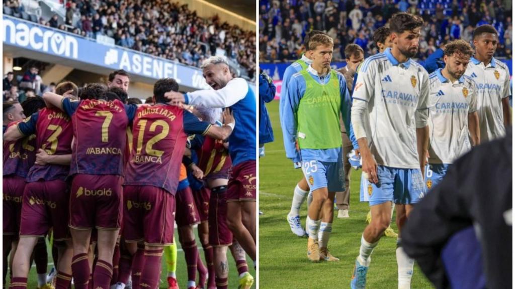 A la izquierda de la imagen, los jugadores del Dépor celebrando un gol; a la derecha, los jugadores del Zaragoza cabizbajos.