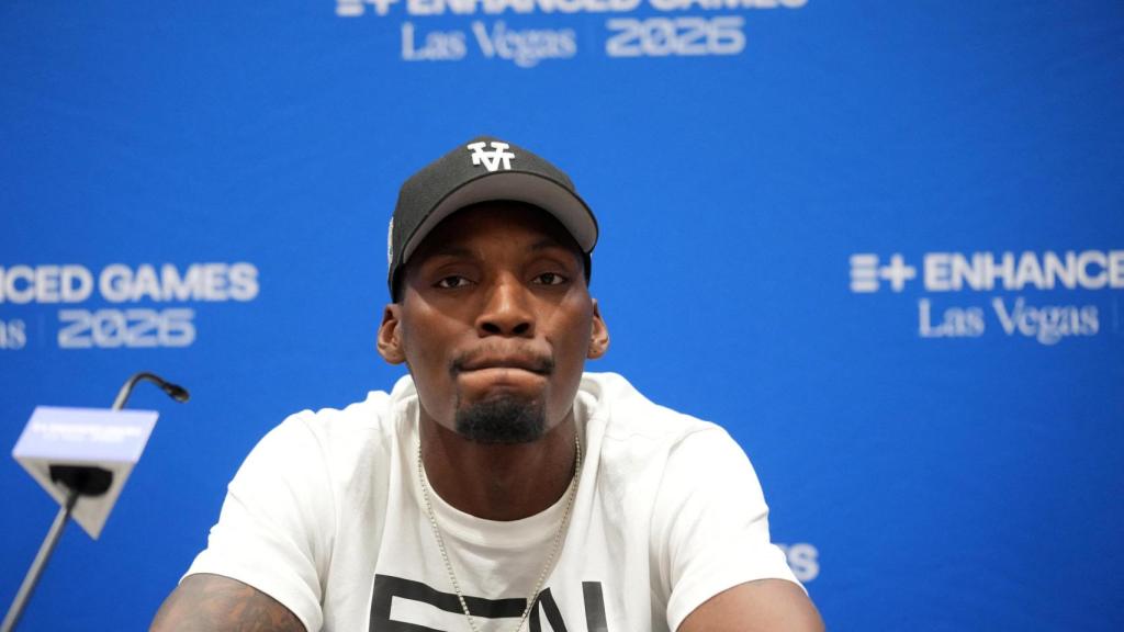 Fred Kerley, en su rueda de prensa de los Enhaced Games.