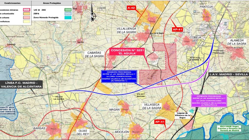 Mapa de la conexión transitoria entre la vía de AVE que pasa por Pantoja y la convencional que atraviesa Bargas.