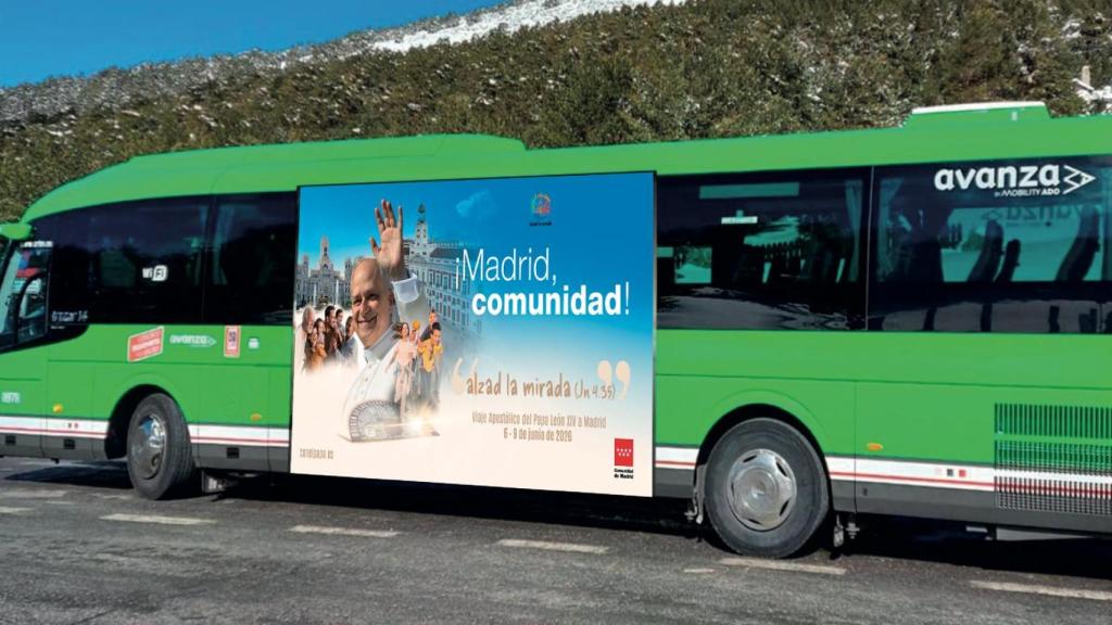 Render de los anuncios que llevarán los autobuses de la Comunidad de Madrid los días de la visita del Papa.