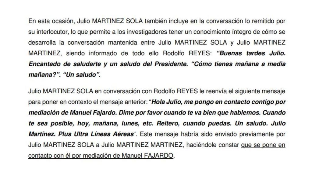 Fragmento del informe de la UDEF que incluye los 'wasaps' entre Martínez Sola y 'Julito'.