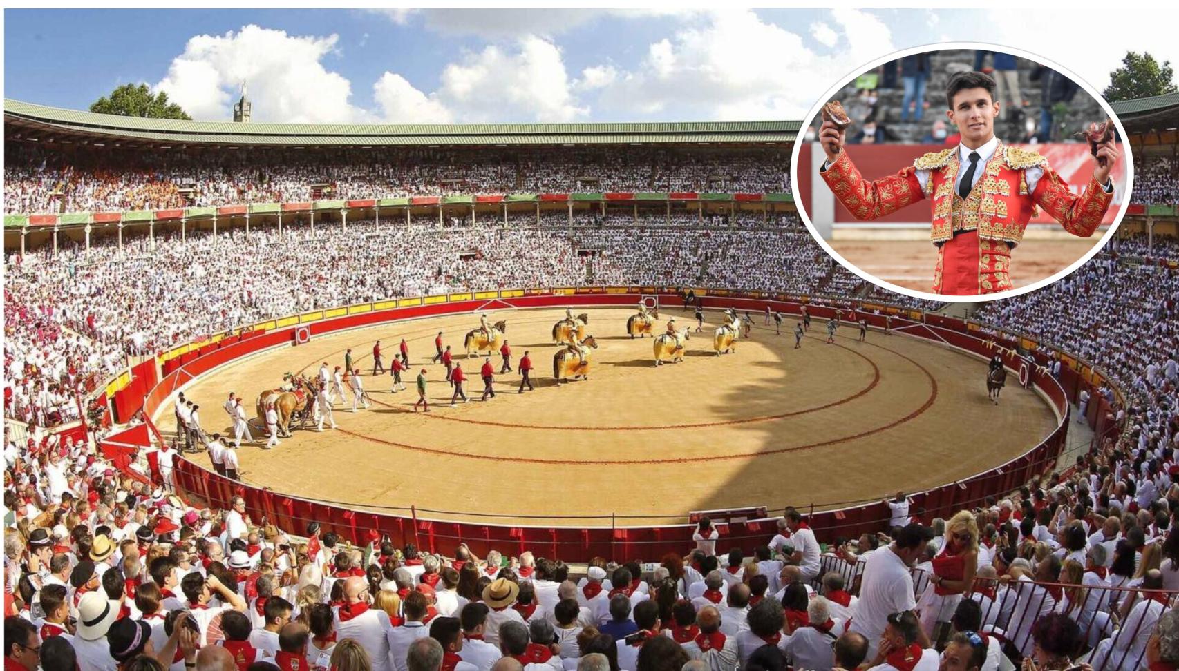 Montaje de la Plaza de Toros de la Misericordia y el matador de toros, Manuel Diosleguarde.
