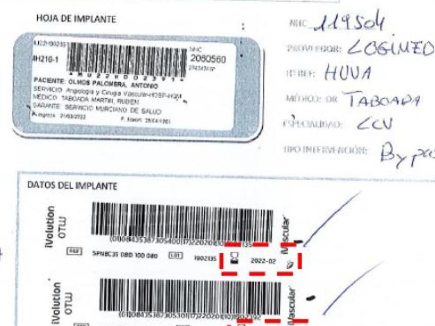 Imagen 33 del atestado policial: 'Parte quirúrgico de la intervención de Rubén T. en que se implanta un producto caducado al paciente Antonio.