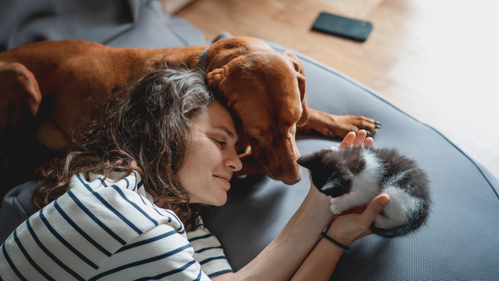 Una mujer con un perro y un gato. 