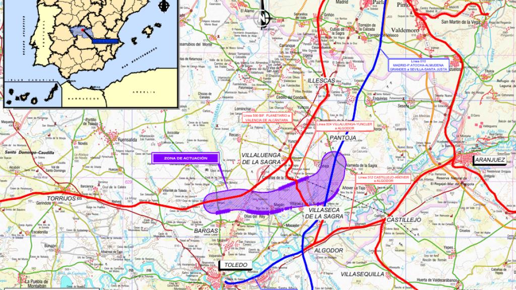Zona de actuación en la que se levantará el nuevo ramal ferroviario entre Pantoja y Bargas.