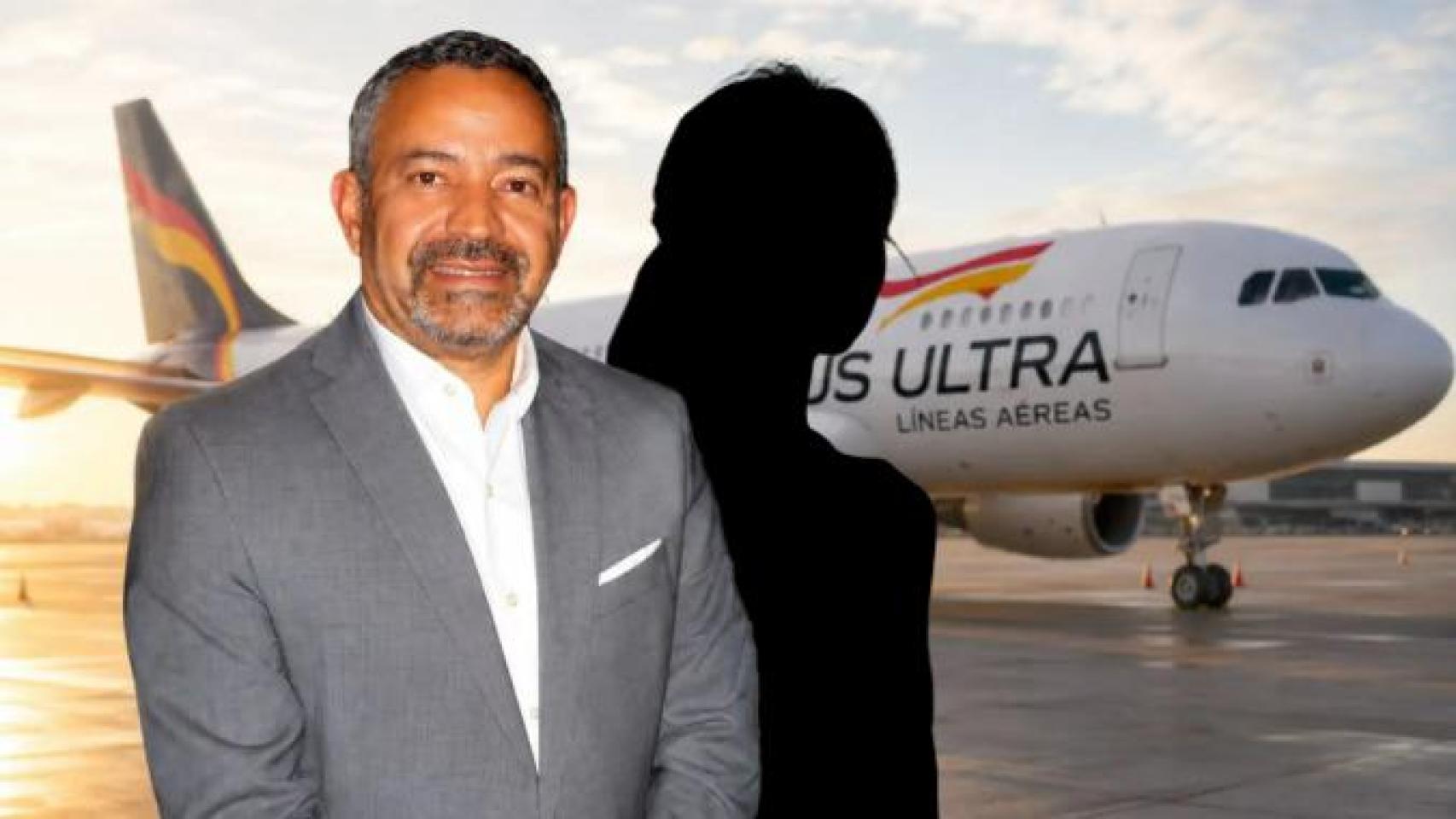 Un fotomontaje con Rodolfo Reyes y una silueta -ante la no existencia de imágenes de Aurora López- delante de un avión de Plus Ultra.