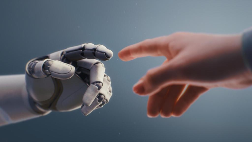 Visualización de robot humanoide y humano tocando las yemas de los dedo.