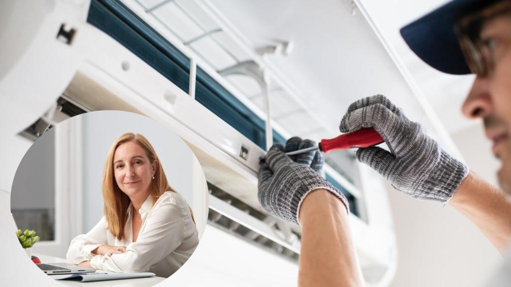 Montaje de Arantxa Goenaga con un instalador de aire (istock).