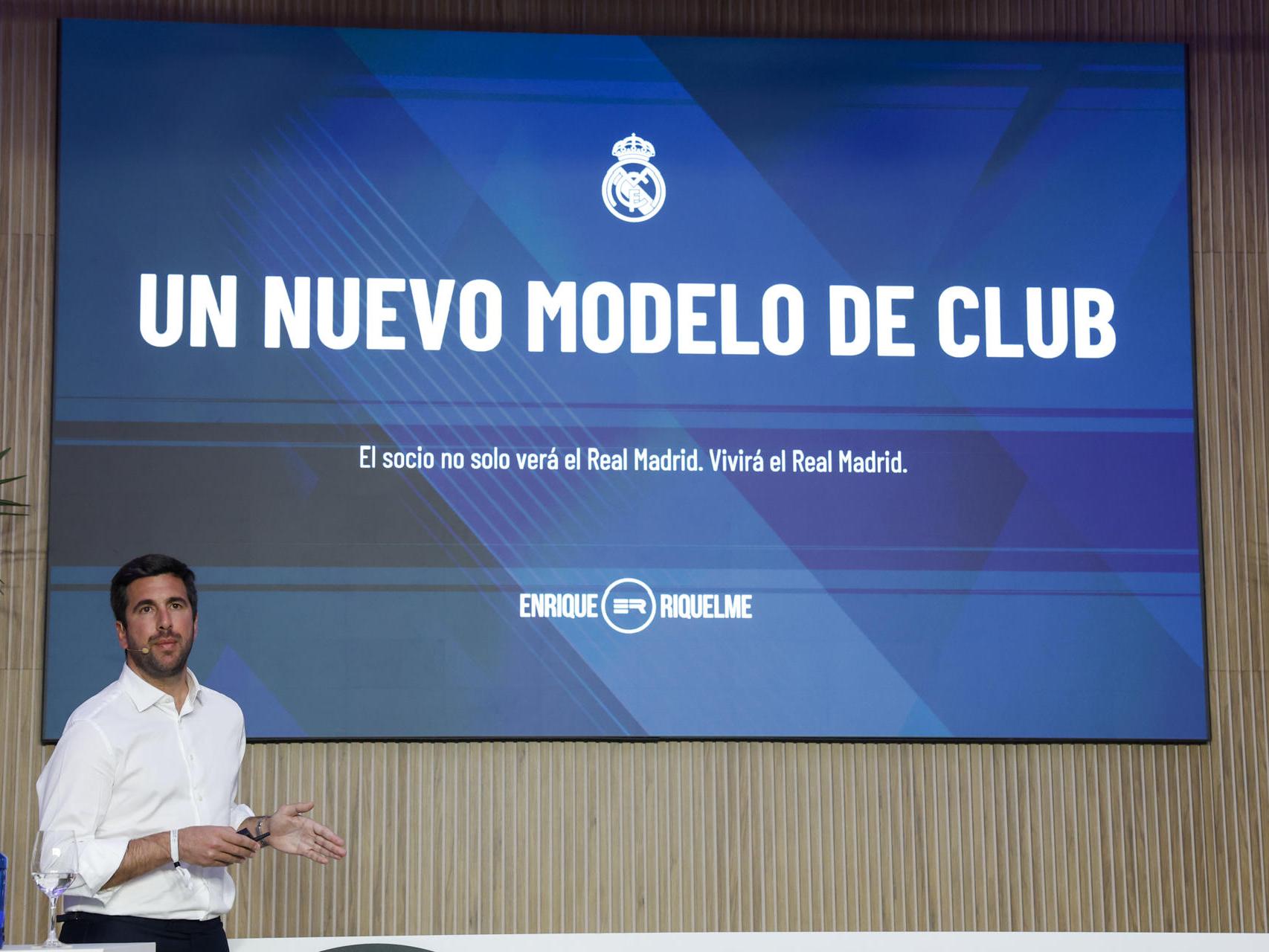 Enrique Riquelme, durante su presentación de la candidatura a la presidencia del Real Madrid.