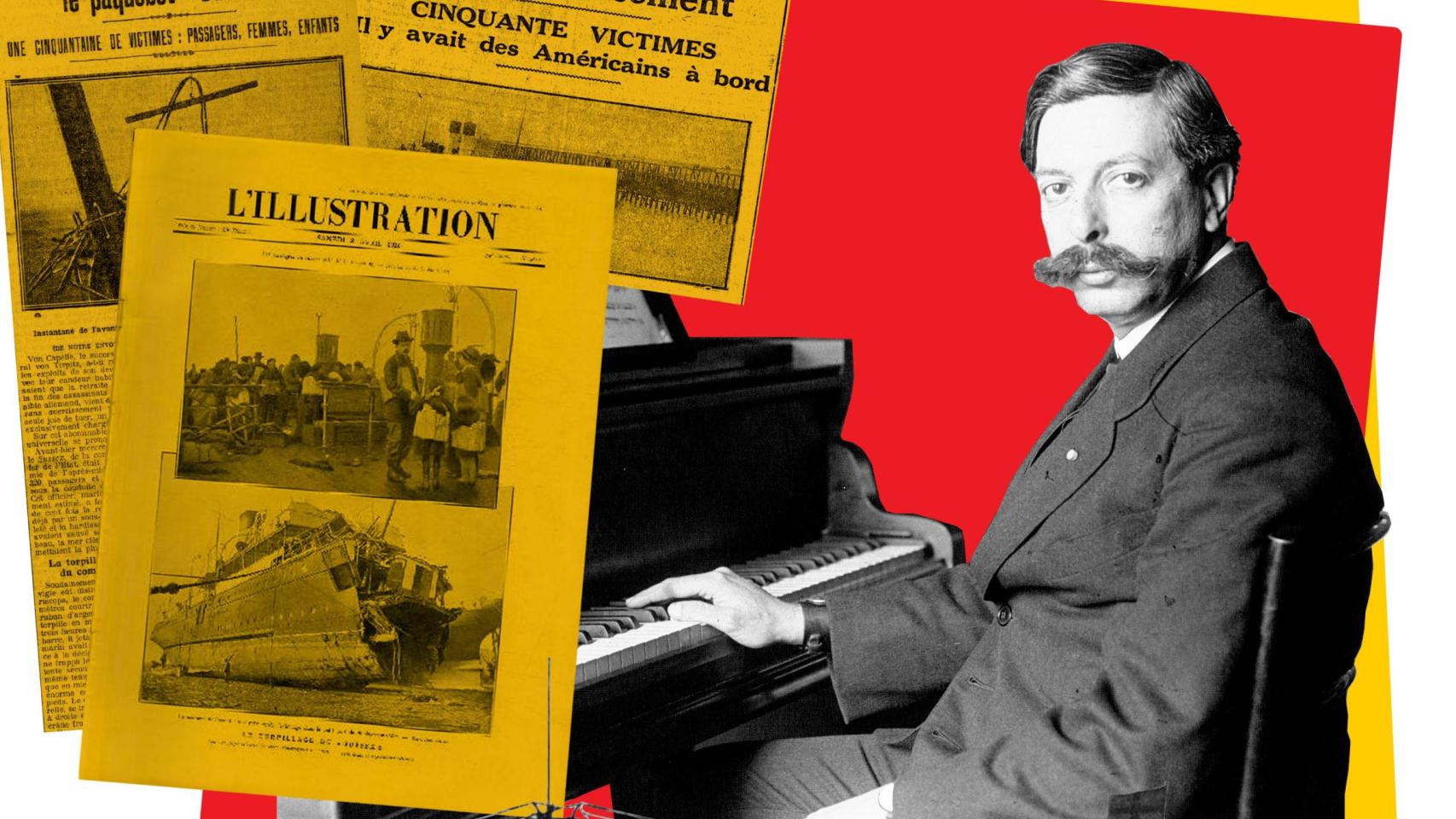 Enrique Granados junto a varias portadas de periódicos dedicadas a la tragedia del Sussex. Diseño: Rubén Vique