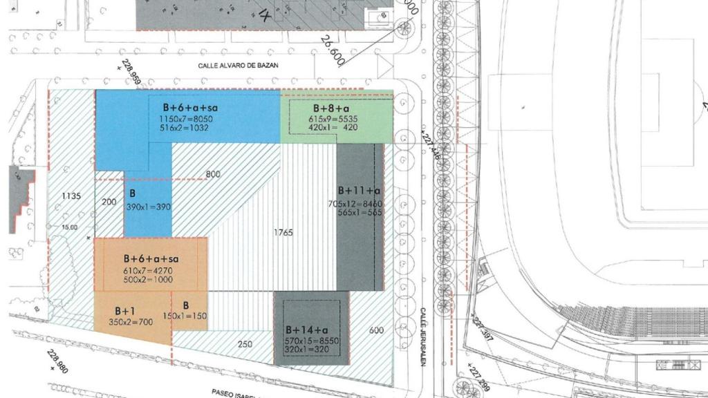 El plano de los suelos con el edificio destinad a alquiler (en verde), vivienda libre (en gris), una residencia de mayores (en azul) y una residencia de sanitarios (en naranja).