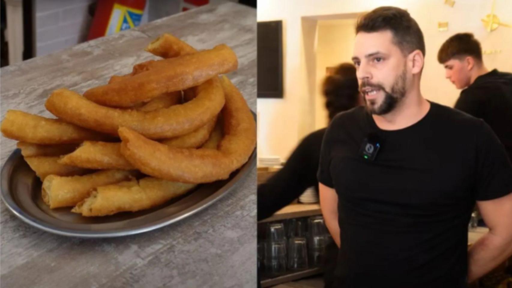 Montaje con Javier, gestor y dueño de la churrería, y churros de 'La Artesana'