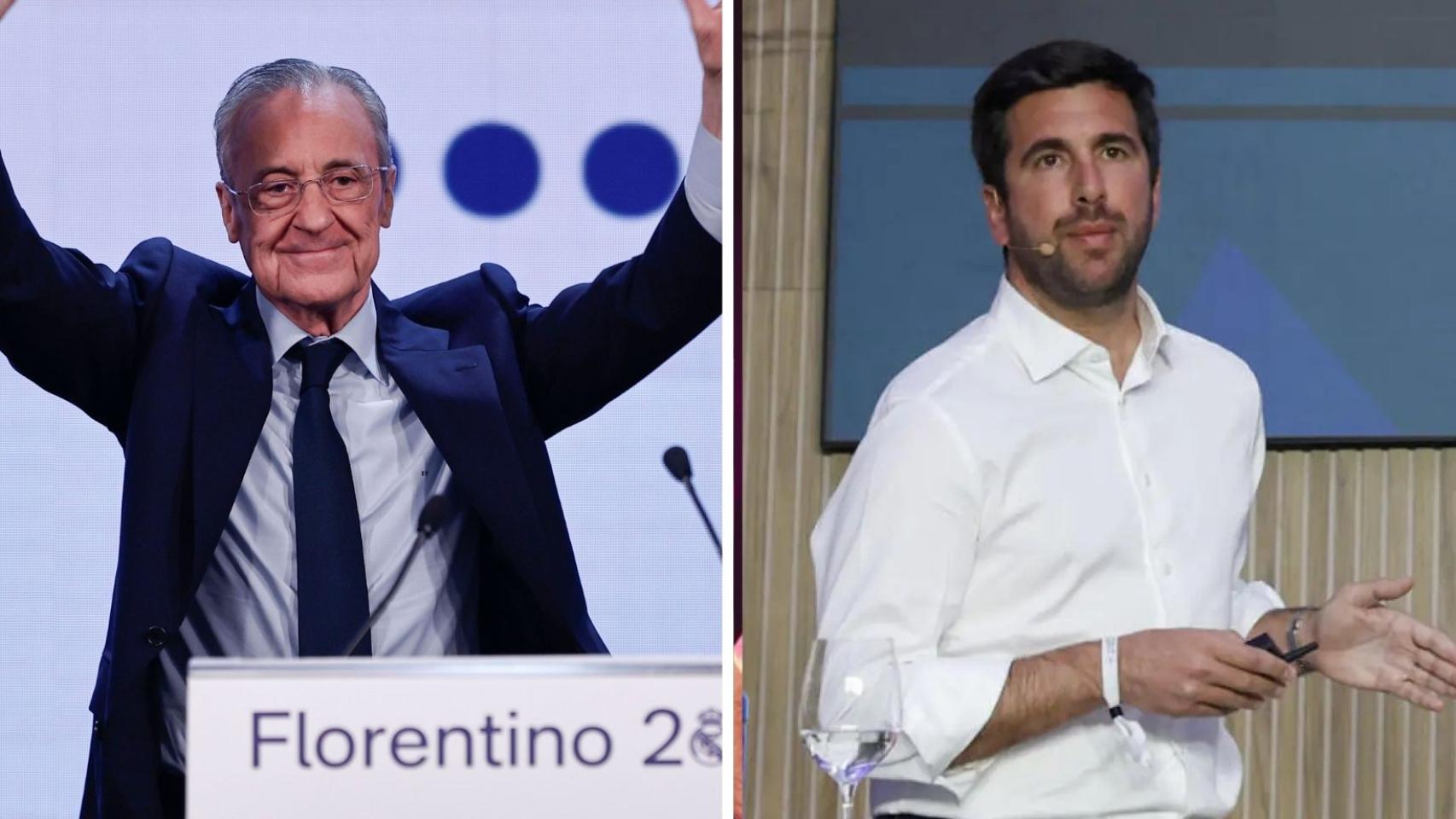 Florentino Pérez y Enrique Riquelme, en sus respectivas presentaciones de campaña.