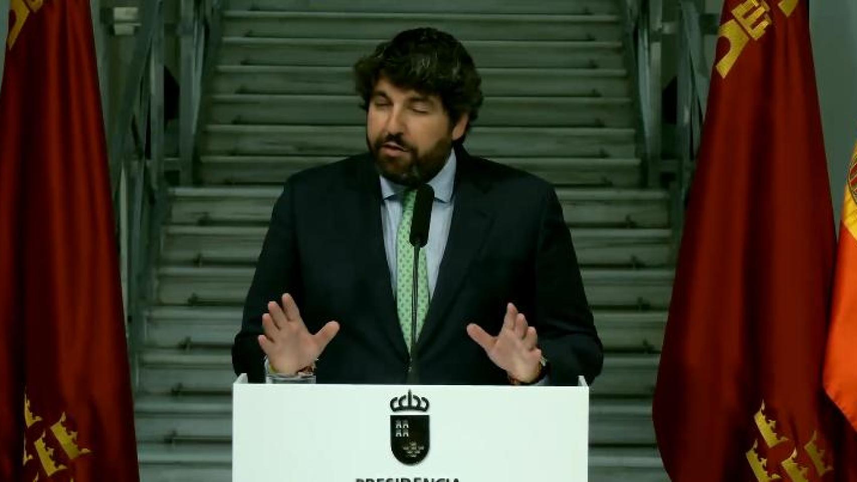 López Miras, este jueves, durante la rueda de prensa donde ha anunciado el cesa de Pedreño.