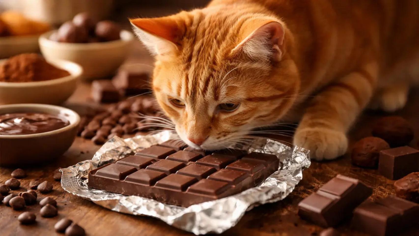 Imagen de archivo de un gato junto con una tableta de chocolate.