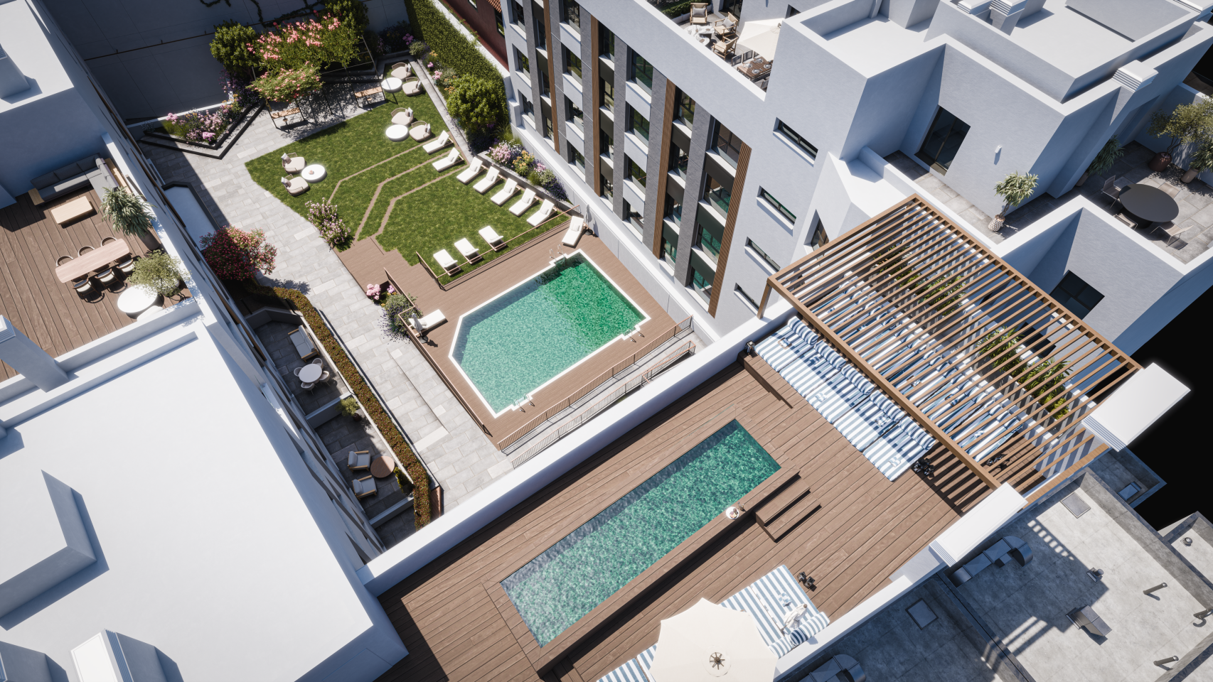 Imagen aérea del complejo residencial Serentia Gardens en el número 3 de la calle San Enrique en Tetuán.